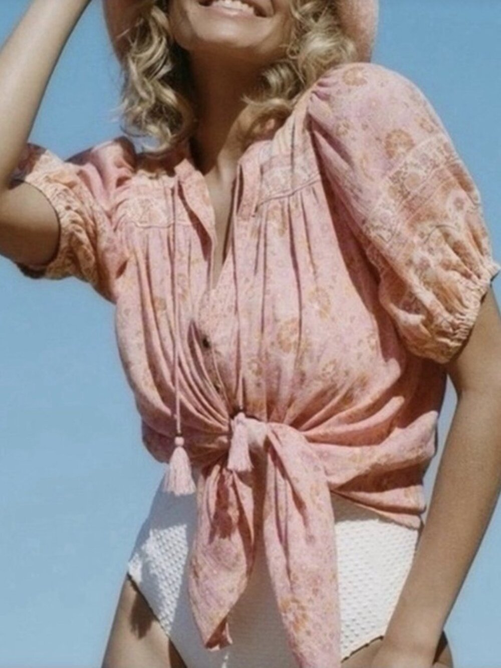 Spell & The Gypsy Sundown Blouse Apricot Medium Floral Boho Tie Front Top